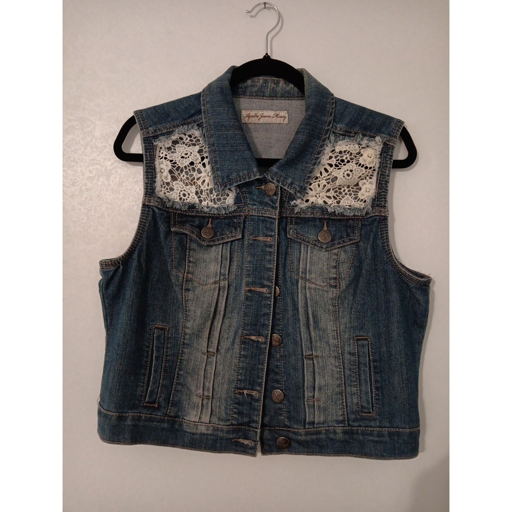 Apollo Jeans ~Missy Denim Vest Juniors Sz. L Button Front Distressed โ Lace